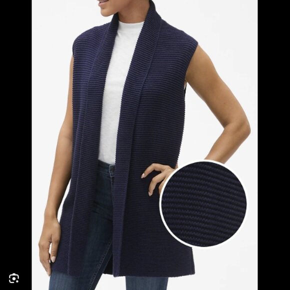 GAP Navy Blue Cotton Textured Sleeveless Shawl-Collar Knit Cardigan Sweater Vest - Picture 1 of 11